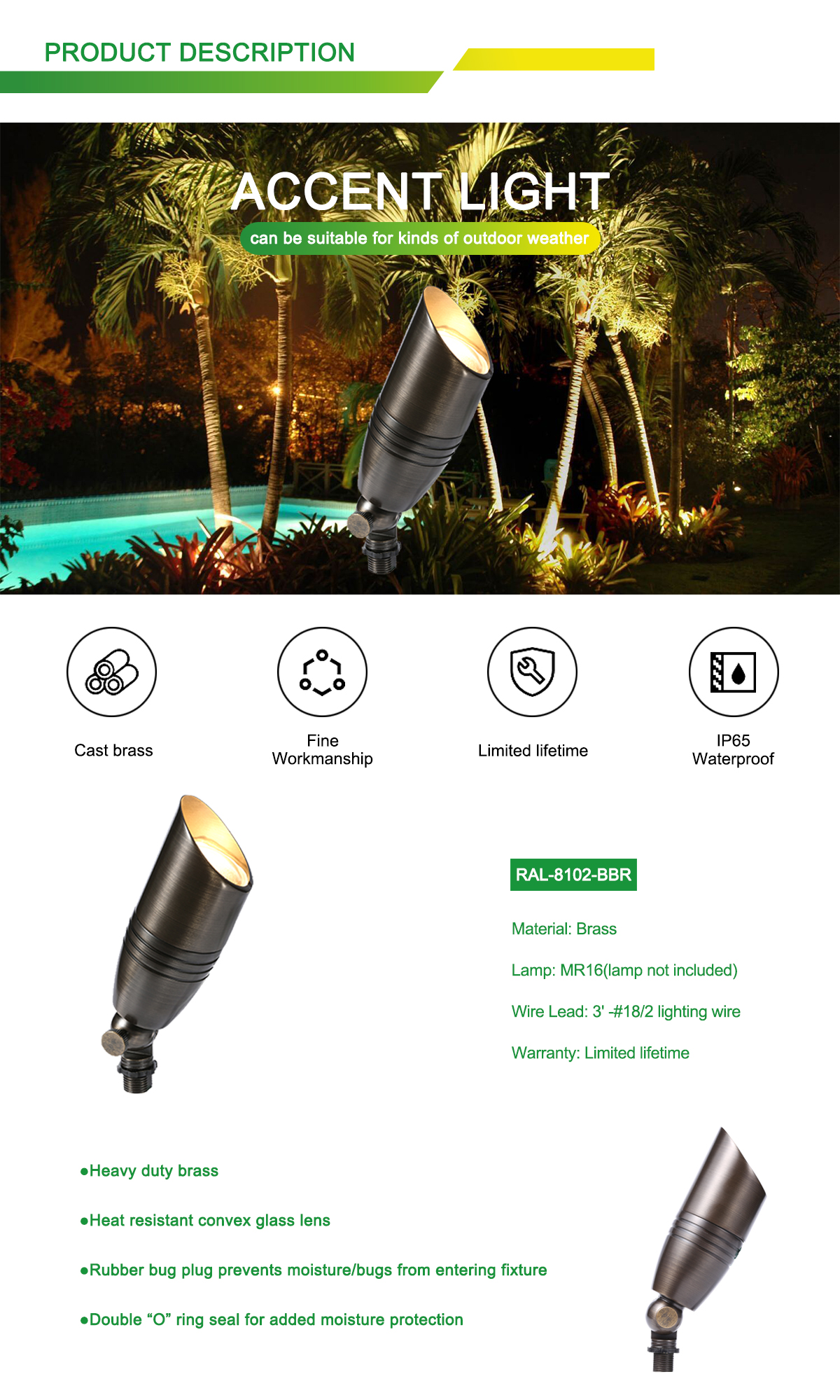 RAL8102BBR commercial outdoor spot light landscape lighting with MR16